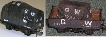 Photo of a model of a sheeted wagon and a sheeted load
